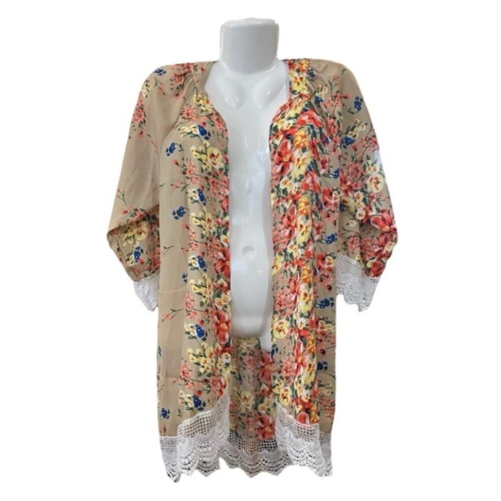 Relipop Women's Tan Floral Print Open-Front Duster/Kimono/Wrap/Coverup | Size M - Picture 12 of 12